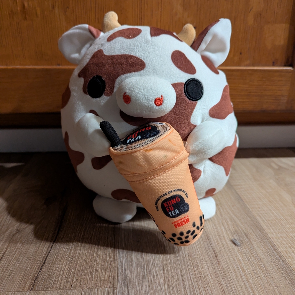 Squishmallows Brown and White Cow with Bubble Tea Plush